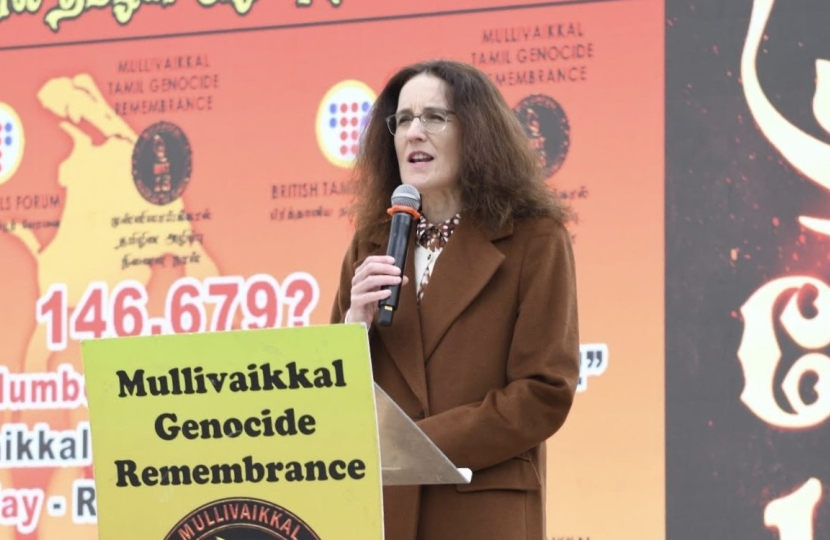 Theresa Villiers addresses rally for Tamils commemorating victims of Mullivaikkal killings