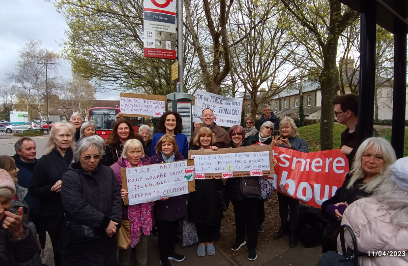 Theresa Villiers takes part in protest calling for the return of the 84 bus