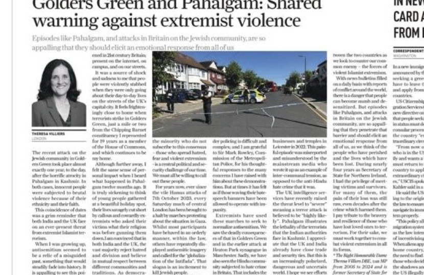Image of article by Theresa Villiers on Islamist extremism