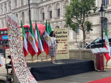 Theresa Villiers addresses rally for human rights in Iran