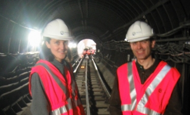 Archive 2005 photo of tube station late night track visit by Theresa Villiers